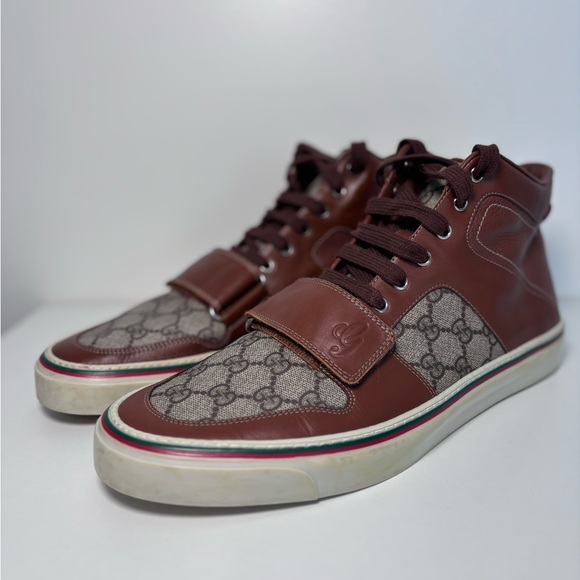 GUCCI Monogram Canvas Web GG Brown Leather High Top Men’s Sneaker Strap Size 12 - Picture 3 of 17